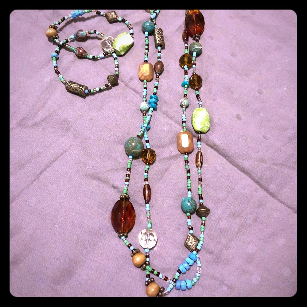 Blue/green Beaded Necklace w/ Matching Bracelets
